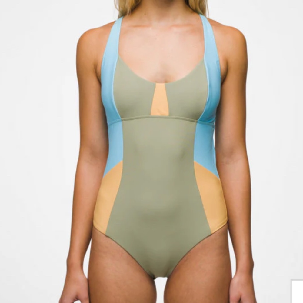 Prana Colorblock One-Piece Swimsuit in Sage, Sky Blue & Mustard